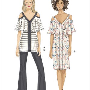 Puede incluir: Ilustración de moda de Very Easy Vogue con dos diseños con hombros descubiertos. Un conjunto incluye un top a rayas con pantalones acampanados. El otro es un vestido con estampado floral. El número de patrón es V9238.