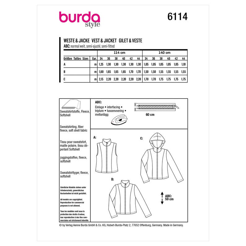 Burda 6114 Sewing Pattern Womens Jacket Pattern UNCUT Size 8 - 18 Plus ...