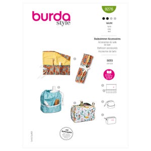 May include: A sewing pattern for bathroom accessories, featuring various styles of toiletry bags and organizers. The image displays several examples, including a roll-up bag with a colorful pattern, a drawstring bag, and a zippered pouch. The Burda Style logo is visible.