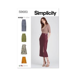 Könnte beinhalten: Simplicity Nähmuster S9683, leicht zu nähendes Rockmuster mit vier verschiedenen Rockstilen: ein karierter Rock, ein grüner Utility-Rock, ein Rock mit Blumendruck und ein burgunderfarbener Lederrock mit Schlitz.