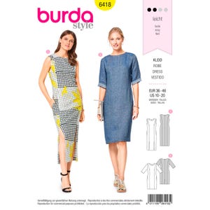 May include: Two women model dresses from a Burda Style pattern. One dress is sleeveless with a black, white, and yellow geometric pattern. The other is a denim-colored dress with short sleeves. The pattern number is 6418.