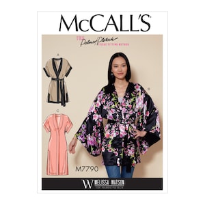 May include: McCall's sewing pattern M7790 for a kimono-style robe with a floral print. The pattern includes instructions for three different styles: a short robe with a tie belt, a long robe with a tie belt, and a long robe with a button closure.