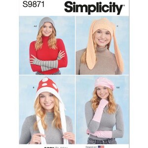 Könnte beinhalten: Simplicity Schnittmuster S9871 mit vier Hut- und Handschuhdesigns. Enthält eine graue Kapuze, einen pfirsichfarbenen Hasenhut, einen roten Pilzhut und eine rosa Baskenmütze mit passenden Handschuhen. Der Text "easy-to-sew" ist unten aufgedruckt.