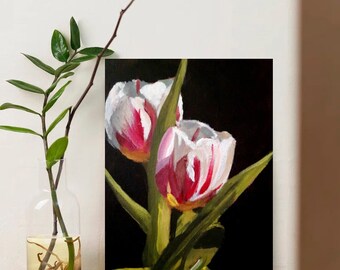 Original Acrylic Painting Pink Tulips 5"x7" on Stretched Canvas Canadian Art East Coast Art Pink Flower Painting Free Shipping