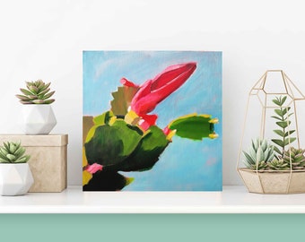 Original Acrylic Painting Christmas Cactus Blossom Small Square Painting Still Life Painting Free Shipping 6x6 Canadian Art Red Flower