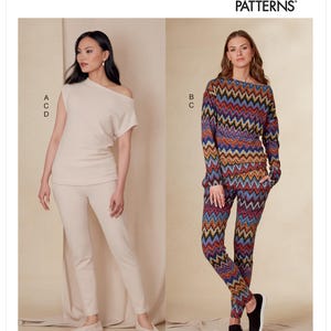 Op de afbeelding: Vogue Patterns naaipatroon met twee damesoutfits. Eén outfit is een beige off-the-shoulder top en bijpassende broek. De andere is een top met lange mouwen en een broek met een kleurrijk zigzagpatroon. Het Vogue Patterns logo is zichtbaar.