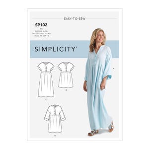 May include: A Simplicity sewing pattern, S9102, showing a light blue dress with long sleeves and a button-down front. The pattern includes sizes for UK sizes 6-14. The image also shows dress variations.