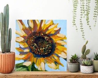 Original Art on Canvas Acrylic Painting of Sunflower Yellow Flower 6x6 Square Painting Small Painting Canadian Artist Modern Art