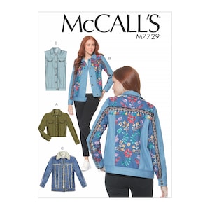 May include: McCall's M7729 sewing pattern showing denim jackets with floral embroidery and a vest option. The image shows a woman wearing a blue denim jacket with colourful floral embroidery. Other jacket styles are also shown.
