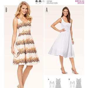 Patrón de costura Burda 6758 para vestido de mujer, sin cortar, doblado de fábrica, tallas 8-18, patrón de costura fácil, vestido de tirantes, vestido ajustado y con vuelo, vestido de punto