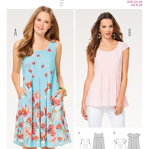 May include: A Burda Style sewing pattern with two dress and top designs. The image displays a light blue floral dress and a pink top. The pattern includes sizes EUR 34-46 and US 8-20. The text on the image says 'Dress & Top'.