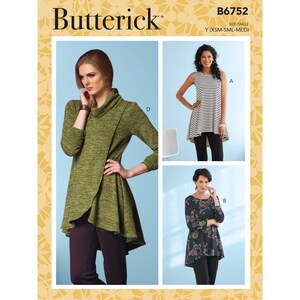 May include: Butterick pattern B6752 shows three tunic designs. One is a wrap-style tunic in olive green, another is a black and white striped tunic, and the third is a floral tunic. The pattern size is Y (XSM-SML-MED).