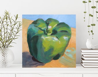 Original Art Acrylic Painting of Green Pepper Vegetable Small Square Canvas Painting 6"x6" Candian Artist Free Shipping Kitchen Art