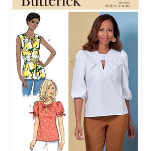 May include: Butterick sewing pattern B6876 features three blouse designs. The pattern includes a sleeveless top with a lemon print, a short-sleeved top with a floral print, and a white blouse with three-quarter sleeves. The pattern is designed and printed in the USA.