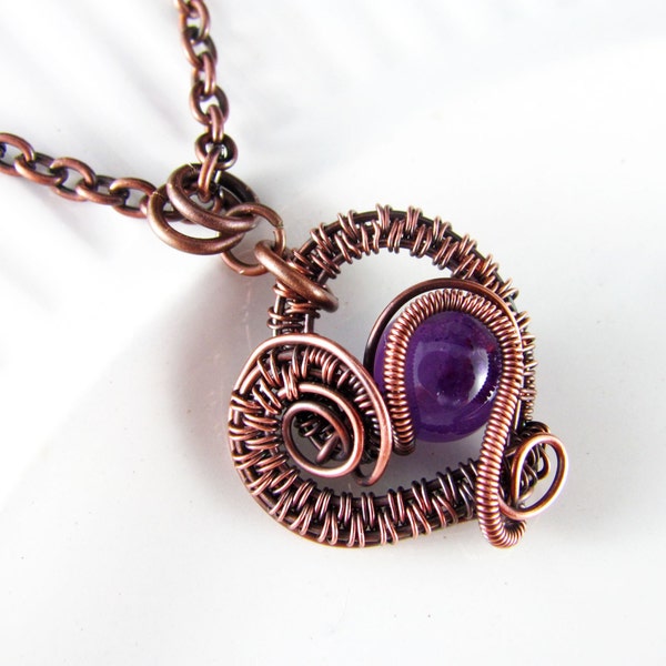 Wire Wrapped Pendant Heart Necklace Amethyst and Copper Jewelry Wire Wrapped Jewelry Copper Necklace Free Form Amethyst Necklace