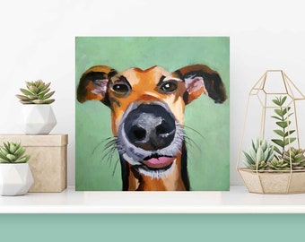 Original Art Acrylic Painting of Dog Animal on Canvas Panel Canadian Artist Painting Free Shipping 6x6 Painting Green Modern Art Funny