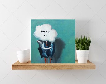 Original Art Acrylic Painting of Balloons Small Square Canvas Painting 6"x6" Candian Artist Free Shipping Turquoise White Smile Stars