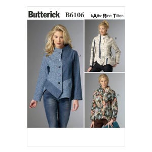 May include: Butterick B6106 Katherine Tilton sewing pattern envelope featuring three jacket variations. View A is a blue textured jacket, View B is a cream jacket with dark vertical accents, and View C is a multi-coloured floral print jacket.
