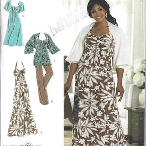 May include: Simplicity sewing pattern 2947 Khaliah Ali Collection, size FF 18W-24W. The envelope features illustrations and a photograph of a halter-style maxi dress with a brown and white floral print, paired with a white bolero jacket.