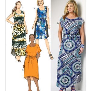 May include: Image of a sewing pattern for women's dresses. The pattern features illustrations of various dress styles, including a maxi dress with a geometric print and a sleeveless dress with a tie waist. The text "B6210 Butterick FAST & EASY" is visible at the top.