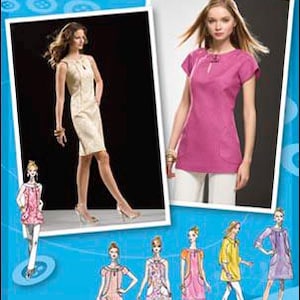 May include: A sewing pattern for a dress with a variety of styles. The pattern is inspired by Project Runway and features a model wearing a pink dress. The pattern includes five different dress styles, each with a different neckline and sleeve length.