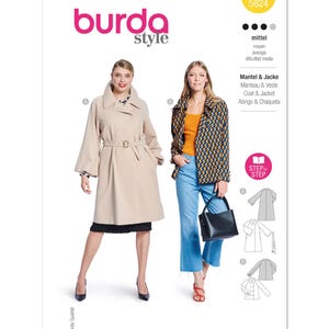 May include: A Burda Style sewing pattern for coats and jackets, design number 5824. The pattern includes the words "Mantel & Jacke", "Coat & Jacket", and "Abrigo & Chaqueta". The models are wearing a beige coat and a patterned jacket. Measurements are in cm.