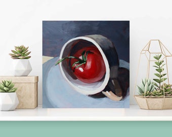 Original Acrylic Painting Tomato Red Square Painting Grey Vegetable White Modern Art Kitchen Art Masonite Still Life Painting