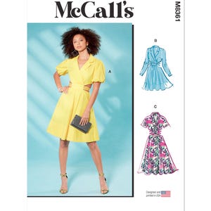 May include: A woman in a yellow dress with cut-out details, holding a black clutch, poses in front of a light blue backdrop. The image is a McCall's sewing pattern, with illustrations of two other dress designs. The pattern number is M8361.