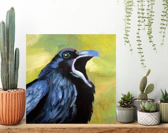 Original Art Acrylic Painting of Raven on Canvas Panel Canadian Artist Bird Painting Free Shipping 6x6 Painting