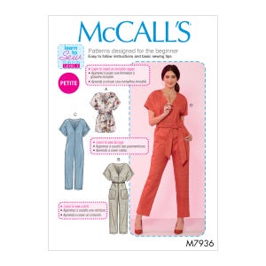 May include: McCall's sewing pattern for beginners, featuring a jumpsuit and other clothing designs. The pattern includes instructions for an invisible zipper, facings, and a belt. The image shows a woman wearing a jumpsuit.
