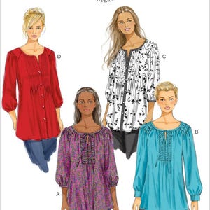 May include: A Butterick sewing pattern for four blouse designs. The blouses are in red, white, blue, and a patterned pink. The pattern celebrates 150 years of Butterick. The pattern number is B5861.