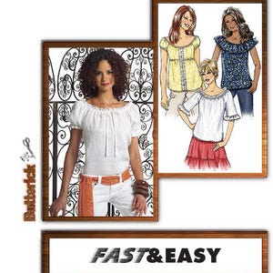 Könnte beinhalten: Ein Butterick-Schnittmusterumschlag mit einer weißen schulterfreien Bluse mit gerüschten Ärmeln und einem Ausschnitt zum Binden. Das Design enthält Illustrationen von drei Varianten der Bluse in Gelb, Blau und Weiß, beschriftet mit Fast & Easy.