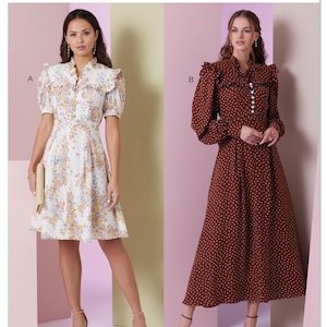 Könnte beinhalten: Vogue Patterns Schnittmuster für ein Kleid mit zwei Variationen. Das Kleid links ist ein kurzärmeliges Kleid mit Blumenmuster und Rüschenkragen. Das Kleid rechts ist ein langärmeliges Kleid mit Pünktchenmuster und Rüschenkragen. Die Schnittmuster-Nummer ist V2005.