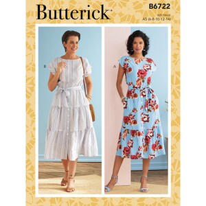 May include: Butterick B6722 sewing pattern featuring two dress designs. One dress is striped with a button-down front and tie waist. The other is light blue with a floral print and a tie waist. The pattern includes sizes A5 (6-8-10-12-14).