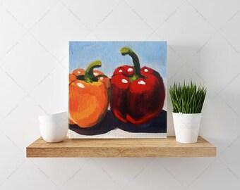 Original Art Acrylic Painting of Peppers Small Square Canvas Painting Green And Red 6"x6" Candian Artist Free Shipping Kitchen Art