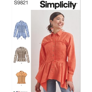 Könnte beinhalten: Simplicity Schnittmuster S9821 mit einer Frau in einem orangefarbenen Button-Down-Shirt mit Peplum-Saum. Das Muster enthält Illustrationen von drei Hemddesigns. Der Text "Simplicity" wird angezeigt.