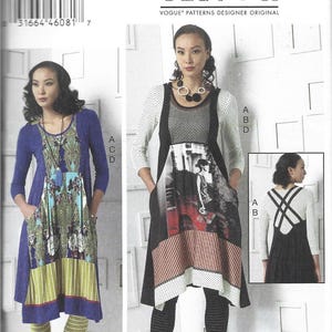 May include: A Vogue Patterns Designer Original sewing pattern featuring two dress designs. The dresses have unique patchwork and print details. The pattern includes sizes Lrg-XXL. The image shows the designer's name and pattern number.