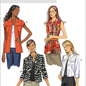 Könnte beinhalten: Ein Butterick B5616 Schnittmusterumschlag mit Illustrationen von vier verschiedenen Jackenstilen. Die Entwürfe umfassen eine ärmellose orangefarbene Jacke, eine ärmellose gemusterte rote Jacke, eine schwarz-weiße Jacke mit Zebramuster und eine weiße Jacke.