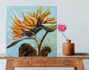 Original Art on Canvas Acrylic Painting of Sunflower Yellow Flower 6x6 Square Painting Small Painting Canadian Artist Modern Art
