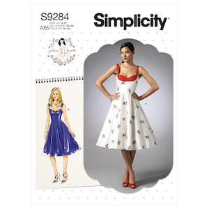 May include: Simplicity sewing pattern S9284. The image shows a woman in a white dress with red trim and floral embroidery. The dress has a sweetheart neckline and a flared skirt. The pattern also includes a drawing of a blue dress.