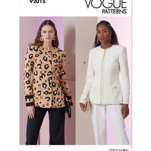 May include: Vogue Patterns sewing pattern for a jacket, shown in two versions. Version A is a leopard print jacket with black trim. Version B is a white jacket with a zipper closure and gold buttons. The pattern number is V2015. Designed and printed in the USA.