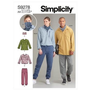 Op de afbeelding: Simplicity naaipatroon S9278 met verschillende tops en broeken. Het patroon bevat een groen overhemd met kraag, een roze overhemd met patroon en een roze broek. De afbeelding toont ook twee mensen die de kleding dragen.