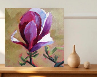 Original Acrylic Painting Magnolia Flower 6"x6" on Canvas Panel Canadian Art East Coast Art Pink Flower Painting