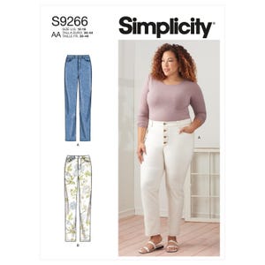 May include: Simplicity pattern S9266 showing a woman in white button-fly jeans. The pattern includes illustrations of blue jeans and floral print jeans. The text on the pattern reads "SIZE U.S. 10-18, TALLA EURO. 36-44, TAILLE FR. 38-46."