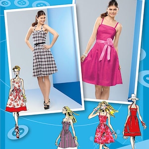 May include: Simplicity sewing pattern #2176, inspired by Project Runway, features four different dress designs. The dresses are in various colours and patterns, including plaid, floral, and solid colours. The pattern includes instructions for making a dress with a halter neckline, a dress with a scoop neckline, a dress with a sweetheart neckline, and a dress with a square neckline.