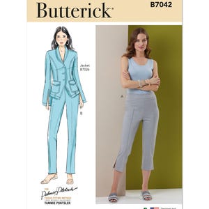May include: Butterick B7042 sewing pattern featuring a jacket and pants. The pattern includes a drawing of a light blue suit with a jacket and pants. The image also shows a woman wearing a light blue tank top and gray capri pants.