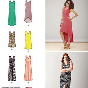 Puede incluir: Un patrón de costura para un vestido sin mangas con un dobladillo alto-bajo. El patrón incluye seis variaciones diferentes del vestido, incluyendo un vestido verde, un vestido a rayas, un vestido floral, un vestido amarillo, un vestido blanco y negro y un vestido rosa. El patrón es de Simplicity y está etiquetado como "6 made easy".