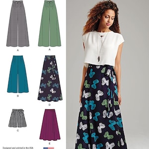 May include: Simplicity pattern 1069 showcases women's trousers and skirts. The image displays a model wearing a long skirt with a butterfly design. Other designs include wide-leg trousers and wrap skirts in various colours.