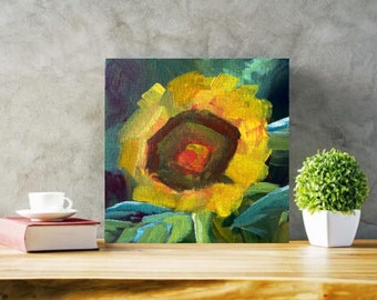 Original Art Acrylic Painting of Sunflower Yellow and Green Square Painting Loose Style Garden Art Canadian Artist Unique Gift