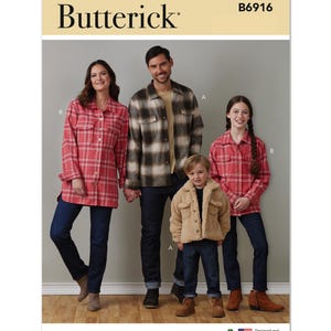 May include: Butterick B6916 pattern featuring a family wearing coordinated outfits. The adults and child wear plaid shirts and jackets, paired with jeans. The child wears a tan teddy bear jacket. The pattern is designed and printed in the USA.